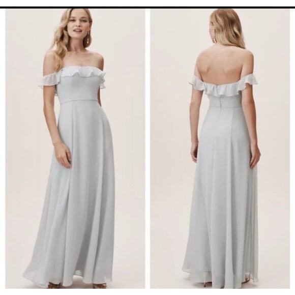 BHLDN Macau Chiffon Off The Shoulder Maxi Dress In Fog Size 10 NWT - Picture 1 of 7